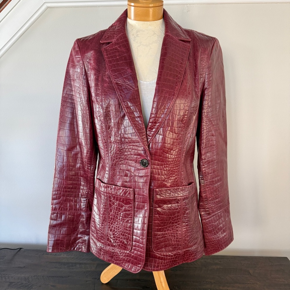 Cole Haan Burgundy Lambskin Leather Croc-Embossed Blazer Jacket Size 12